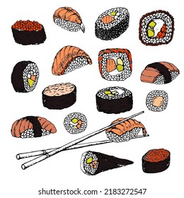 Sushi. Establecer. Ilustración vectorial de material. Dibujo manual. Aislado en blanco. Esbozo de color. Para el embalaje de productos, etiquetas. Comida asiática. Tarjeta de presentación para sushi. Menú de sushi, barra de sushi