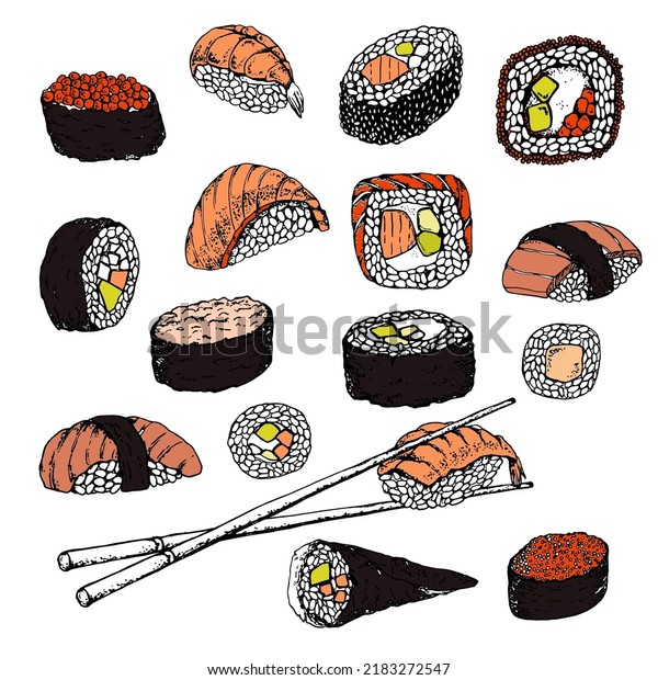 Sushi. Set. Stock\
vector illustration. Hand drawing. Isolated on white. Color sketch.\
For product packaging, labels. Asian food.Business card for sushi.\
Sushi menu, sushi bar