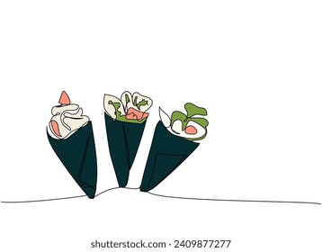 Sushi set, Temaki Sushi, Hand Roll one line art. Continuous line drawing of sushi, japanese, food, roll, culture, tasty, restaurant, japan, asian, sea, menu