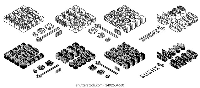 Sushi set thin line icon, isolated on white. Vector illustration.