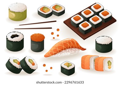 Sushi set. This illustration is a set of sushi designs in a flat and cartoon style. Vector illustration.