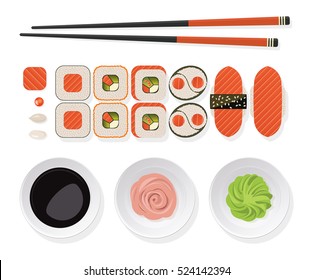 Sushi set. Top view of classic sushi set rolls with salmon, chopsticks and  wasabi, ginger, soy sauce on a white plate. Vector illustration.