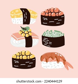 sushi set traditional food. hand drawn vector illustration in flat style