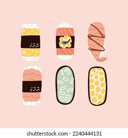 sushi set traditional food. hand drawn vector illustration in flat style