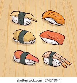 Sushi set. Traditional Japanese fast food. Hand drawn vector illustration.
