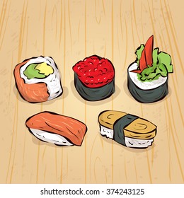 Sushi set. Traditional Japanese fast food. Hand drawn vector illustration.
