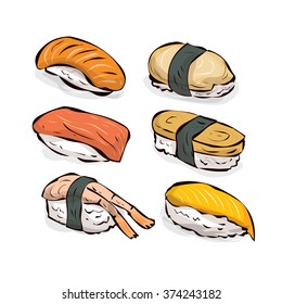 Sushi set. Traditional Japanese fast food. Hand drawn vector illustration.