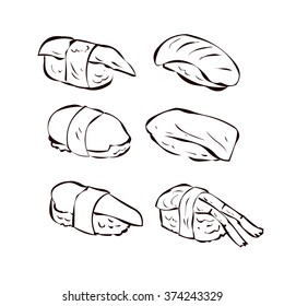 Sushi set. Traditional Japanese fast food. Hand drawn vector illustration.