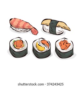 Sushi set. Traditional Japanese fast food. Hand drawn vector illustration.