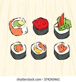 Sushi set. Traditional Japanese fast food. Hand drawn vector illustration.