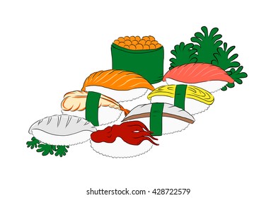 Sushi set. Traditional Japanese fast food. Hand drawn vector illustration.