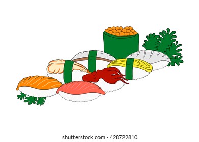 Sushi set. Traditional Japanese fast food. Hand drawn vector illustration.