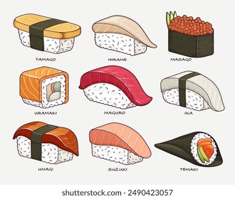 Conjunto de sushi de comida tradicional japonesa, con rollos, masago, uramaki, suzuki, tamago, hirame, unagi, temaki, maguro, y ika.
