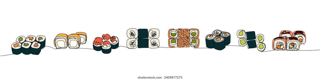 Sushi set, uramaki maki, ehomaki, roll one line art. Continuous line drawing of sushi, japanese, food, roll, culture, tasty, restaurant, japan, asian, sea, menu