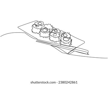 Sushi set, uramaki on sushi slate plate with chopsticks one line art. Continuous line drawing of sushi, japanese, food, roll, culture, tasty, restaurant, japan, asian, sea, menu