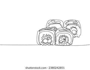 Sushi set, uramaki with topping one line art. Continuous line drawing of sushi, japanese, food, roll, culture, tasty, restaurant, japan, asian, sea, menu