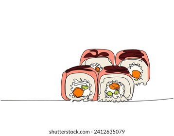 Sushi set, uramaki with topping one line art. Continuous line drawing of sushi, japanese, food, roll, culture, tasty, restaurant, japan, asian, sea, menu