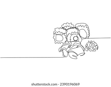 Sushi set, uramaki with wasabi and ginger one line art. Continuous line drawing of sushi, japanese, food, roll, culture, tasty, restaurant, japan, asian, sea, menu