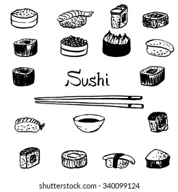 sushi set, various different types of  monochrome hand drawn foods isolated on white background,  ink drawing menu vector elements