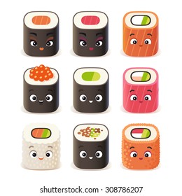 Sushi set. Vector cartoon illustration isolated on white