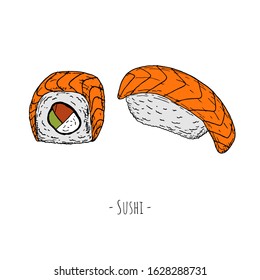 Sushi set. Vector cartoon illustrations. Isolated objects on a white background. Hand-drawn style.