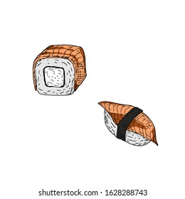 Sushi set. Vector cartoon illustrations. Isolated objects on a white background. Hand-drawn style.