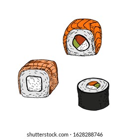Sushi set. Vector cartoon illustrations. Isolated objects on a white background. Rolls. Hand-drawn style.