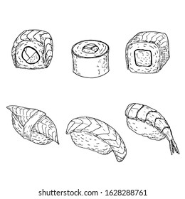 Sushi set. Vector cartoon illustrations. Isolated objects on a white background. Hand-drawn style.
