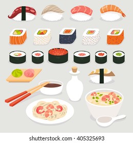 Sushi set. Sushi vector cartoon style.Japanese food objects set vector illustration.Sushi cartoon style icon.Soy sauce and sushi roll, Tom Yam soup and noodles with prawns.Isolated on white background