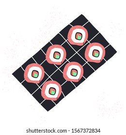 Sushi set vector illustration. Minimalist black plate with sushi rolls. For Asian restaurant menu, cafe, print, poster, banner.