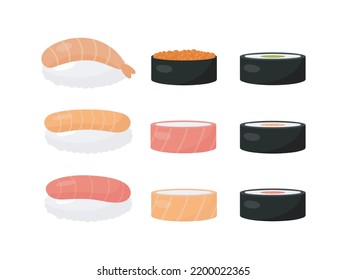 Sushi. Ilustración vectorial en un fondo blanco. Para el menú, afiches, pegatinas, pancartas, imprimir en el envase, imprimir en la ropa, tela, papel pintado.