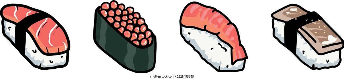 Sushi set vector illustration. Roll cartoon set. Japanese food vector isolated on white background. Asian food vector illustration