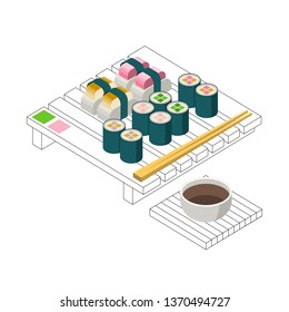 Sushi Set. Vector Illustration. Sticks, Tray, Vasabi, Ginger. Flat Style with Line. Decorative Design Elements for Menu, Poster, Sticker for Restaurant, Sushi Bar