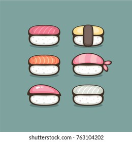 Sushi set vector illustration. Traditional Japan food. Menu and logo design. Yummy sushi roll.