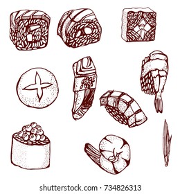Sushi set vector, isolated , hand drawing , white background