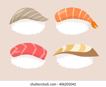 Sushi set vector. Sushi with salmon, red fish and sushi with acne fish, tuna and shrimp. Sushi cartoon style icon. Isolated on white background