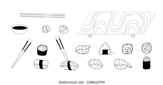 sushi set vector that consists salmon and shrimp with eel and tamago with soy sauce and onigiri