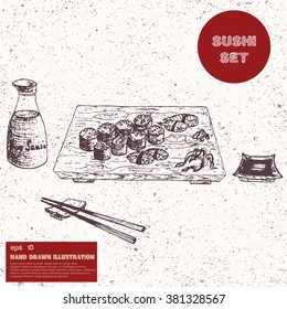 Sushi set. Vintage sketch of sushi. Hand drawn illustration in line art style