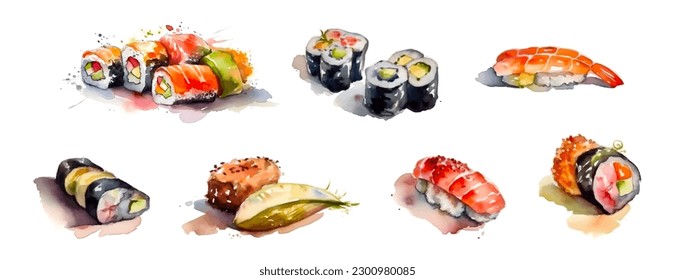 Sushi set watercolor, isolated on white background. Vector illustration