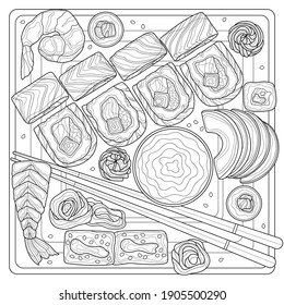 Sushi Set.Food.Coloring book antistress for children and adults. Illustration isolated on white background.Black and white drawing
