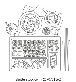 Sushi Set.Food.Coloring book antistress for children and adults. Illustration isolated on white background.Black and white drawing