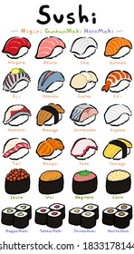 Sushi Set:Hand drawn vector illustration like woodblock print