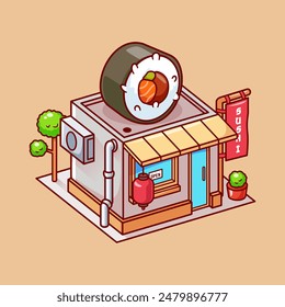 Sushi Shop Building Isometric Cartoon Vector Icon Illustration. Building Food Icon Concept Isolated Premium Vector. Flat Cartoon Style