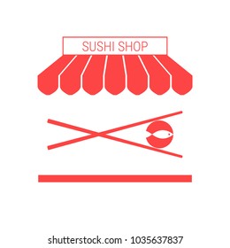 Sushi Shop, Japanese Restaurant Single Flat Vector Icon. Striped Awning and Signboard. A Series of Shop Icons.