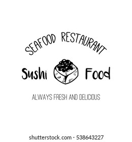Sushi Shop Label Template. Japanese Food. Roll Silhouette, Seafood Restaurant Badge. Vector illustration isolated on white background