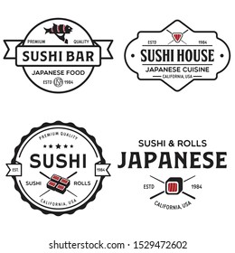 Sushi shop labels and badges design templates set vector, japanese food logos design. Vector illustration.