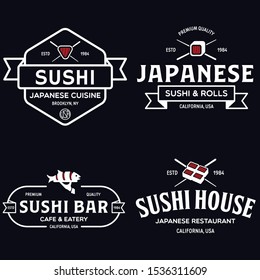 Sushi shop labels and badges design templates set vector, japanese food logos design. Vector illustration.