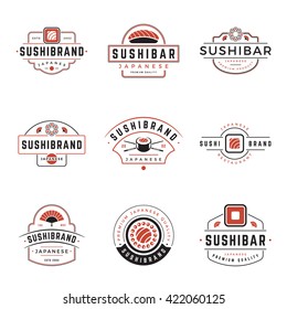 Sushi shop labels and badges design templates set vector, japanese food logos design. Typography emblems graphics with silhouettes and symbols.