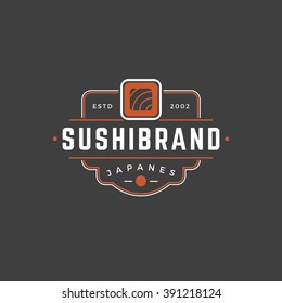 Sushi Shop Logo Template. Vector object and Icons for Sushi Labels or Badges,  Japanese Food Logos Design, Emblems Graphics. Sushi Roll Silhouette, Japan Restaurant Logo.