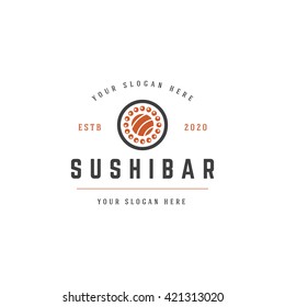 Sushi Shop Logo Template. Vector object and Icons for Sushi Labels or Badges, Japanese Food Logo Design, Emblem Graphics. Sushi Roll Silhouette, Japan Restaurant Logo.